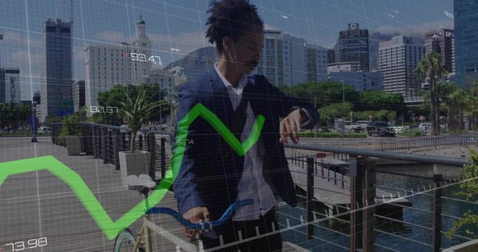Man pushing bicycle along harbor checking watch and mounting bike to ride while data graph overlays