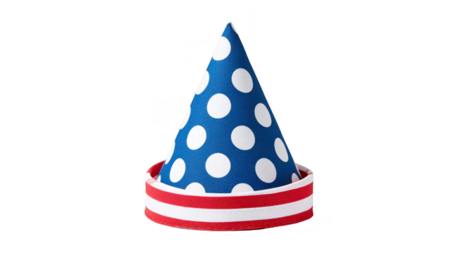 Blue polka dot party hat with white spots and red and white striped base, festive and cheerful, suitable for celebrations and birthdays