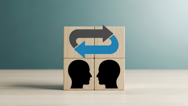 Wooden Blocks Depicting Heads with Arrows Illustrating Exchange of Ideas