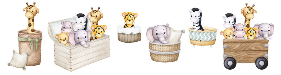 Cute animals. Children's toys. Set of hand drawn watercolor illustrations. Compositions for baby birth, baby shower, gender party, birthday, or children's party. Scandinavian style, boho, retro.