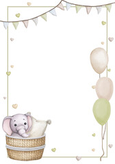 Cute toys in a basket. Watercolor frame, banner, backdrop for birthday, gender party, baby shower, children's party. Vertical card, poster, invitation, greeting card. Scandinavian style, boho, retro. 