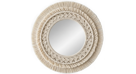 Oval macrame mirror with intricate woven frame isolated on transparent background