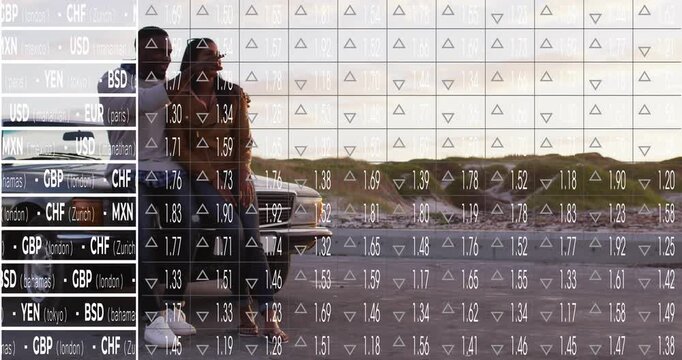 Woman tapping phone, pointing horizon, man watching, market overlay updating FX rates for travel