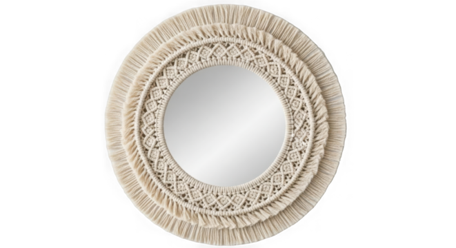 Oval macrame mirror with intricate woven frame isolated on transparent background