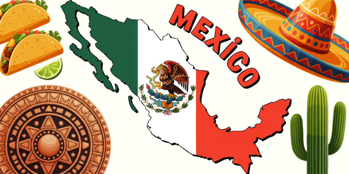Colorful Mexico illustration with national map flag, tacos, sombrero, cactus and Aztec sun symbol for Mexican fiesta design