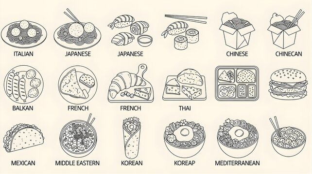 Global Cuisine Food Sketch Drawing Icons Mexican Asian Italian