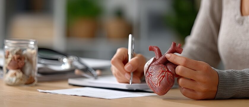 Medical student studies human heart model while taking notes in a classroom setting on a bright afternoon with natural light filtering in