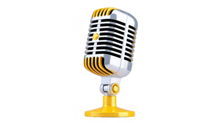Vintage microphone metallic silver and gold retro style isolated on transparency background classic audio equipment shiny finish elegant design professional studio broadcasting