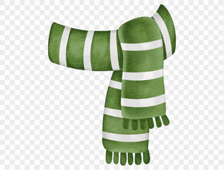 Watercolor green striped scarf winter cozy holiday Christmas illustration. Vector.