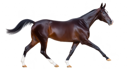 Brown horse with white markings on legs and face walking gracefully, shiny coat, elegant posture, isolated on transparent background, energetic and healthy appearance