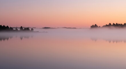 Tranquil water surface reflects pale pink and orange sky above misty horizon with silhouetted trees