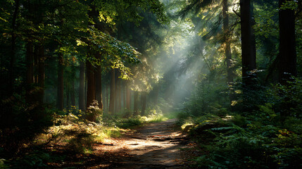 Fototapeta premium Gentle sunlight filtering through leaves creating calm and introspective forest mood 
