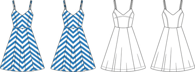 Sleeveless dress illustration, chevron pattern and technical sketch, fashion design, vector template, cad drawing flat vector illustration