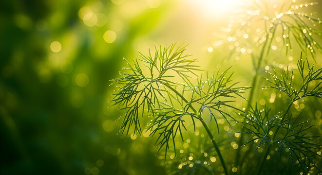 Close up of fresh dill herb with water droplets glistening in the bright morning sunlight in a garden setting