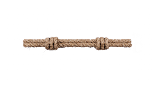 Natural fiber rope with two tied knots, isolated on transparency background, showing rough texture and rustic appearance, commonly used for decoration, crafts, or nautical purposes