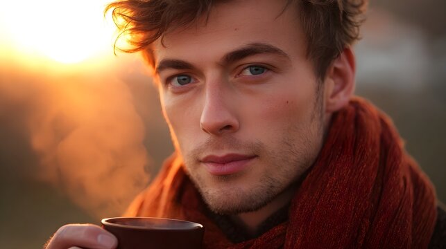 A man holds a warm mug with steam rising against a golden sunset backdrop wearing a cozy scarf