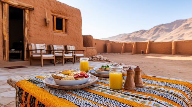 A vibrant outdoor breakfast scene featuring a colorful tablecloth, delicious food, and refreshing drinks set against a stunning desert backdrop.