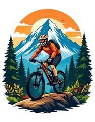 Biker on mountain with evergreens and a bright sunset, vector art