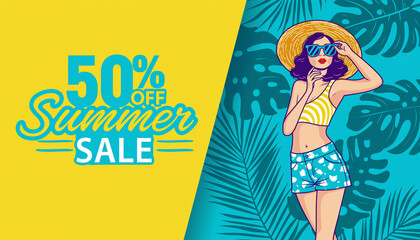 Summer Sale 50% Off with Woman in Stylish Outfit with Tropical Leaves