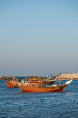 Fototapeta premium Al Ashkharah, Oman - November 18,2025: Traditional Omani Wooden Dhows at Harbor Entrance with Seagulls, Al Ashkharah, Oman