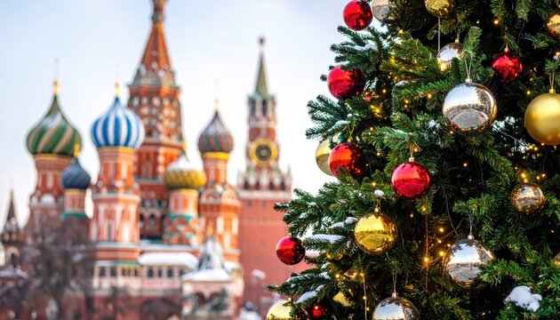 Festive Christmas tree decorated with ornaments in front of blurred Moscow Kremlin and St Basils Cathedral during winter holidays.