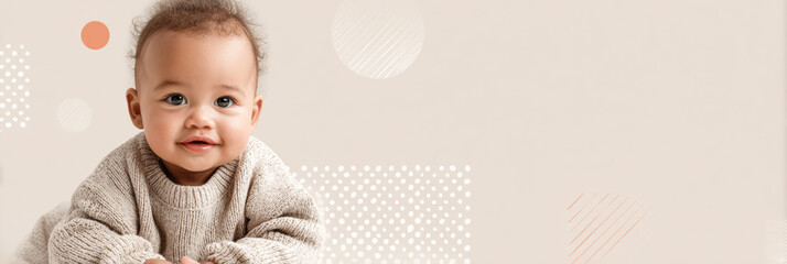 Joyful infant finding new experiences and expressing happiness with a wide smile, full of innocence on a minimal background