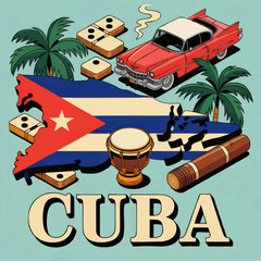 Vintage Cuba travel illustration with classic car, dominoes, cigar, drum and Cuban flag map on retro turquoise background