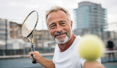 Senior man playing tennis outdoors, holding a racket and smiling, staying active in metropolitan area