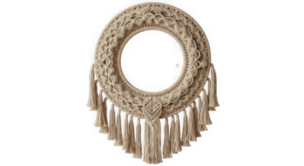 Ornate oval macrame wall hanging with tassels isolated on transparent background