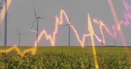 Data feed starting neon graph moving, pulsing labels over field, blade spin showing power trends - Powered by Adobe
