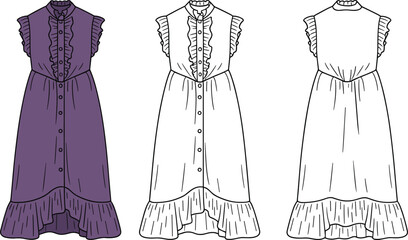 Ruffled high-collar dress sketch, button-down front, asymmetrical hem, fashion flat, front view, cad drawing flat vector illustration Ruffled high-collar dress sketch, button-down 