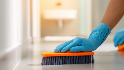 Person in blue glove scrubbing bathroom tile floor with orange brush, focusing on hygiene and sanitation tasks