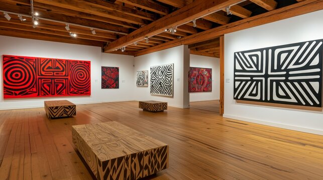 A modern art gallery featuring bold black and red abstract paintings, complemented by wooden benches and a warm wooden floor.