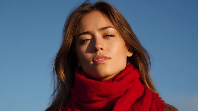 Close up portrait of a young woman wearing a vibrant red scarf against a clear blue sky - Powered by Adobe