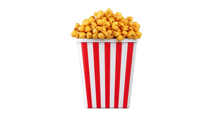 Caramel popcorn in classic red and white striped paper bucket, isolated on transparency background, evokes fun and nostalgic feeling, perfect for movie night or snack time enjoyment