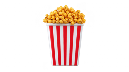 Caramel popcorn in classic red and white striped paper bucket, isolated on transparency background, evokes fun and nostalgic feeling, perfect for movie night or snack time enjoyment