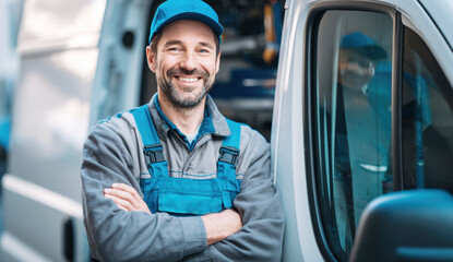 Caucasian man delivering packages, wearing a blue cap and work overalls, standing confidently with arms crossed