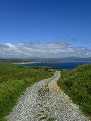 Coastal road, beach, sea and mountains, Tawharanui Open Sanctuary, Matakana, Auckland, New Zealand