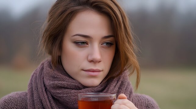 Young woman in warm scarf holding hot drink outdoors at twilight looking thoughtful