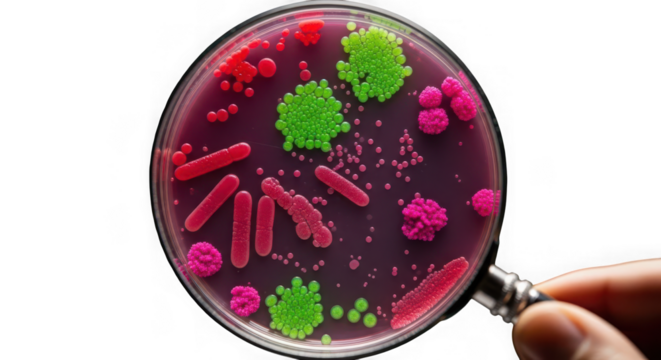 Colorful bacterial colonies growing on a petri dish isolated on transparent background