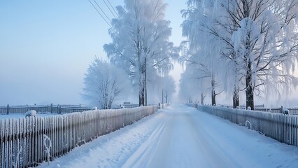 Winter landscape with a snow-covered road and trees in a serene setting