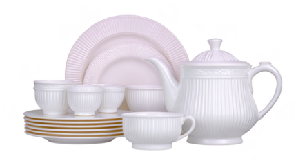 White porcelain tea set with teapot, cups, saucers, and plates, featuring elegant ribbed texture and classic design, perfect for formal dining or afternoon tea gatherings