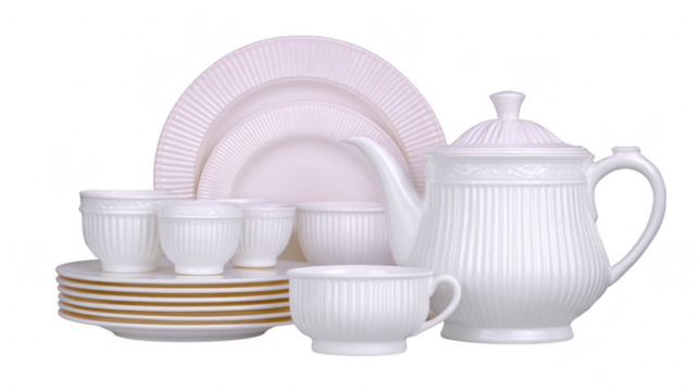 White porcelain tea set with teapot, cups, saucers, and plates, featuring elegant ribbed texture and classic design, perfect for formal dining or afternoon tea gatherings