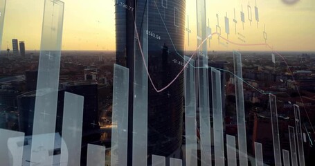 Sunset light starting finance overlay, bars rising and falling, lines tracing market trends - Powered by Adobe