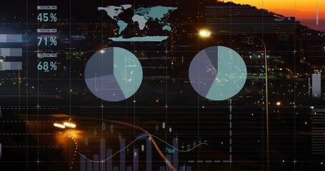 On data update, finance dashboard overlay animating over city, displaying live metrics - Powered by Adobe