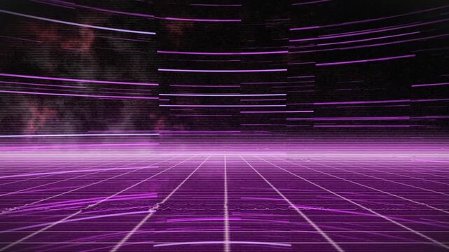 Neon grid and horizontal bars shifting and sweeping after horizon pulse, evoking synthwave