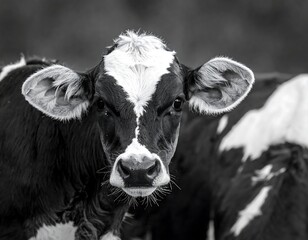 B&W portrait of a calf with a heart-shaped pattern on its forehead, gazing directly at the camera