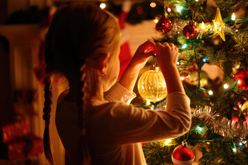 A child in Christmas clothes decorates a Christmas tree