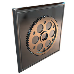 Polished metallic gear mounted on glossy square panel. Hexagonal center hole and circular cutouts emphasize industrial symmetry, mechanical precision, and engineered visual balance.