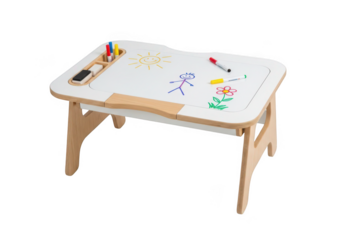 Wooden children s drawing and activity table with art supplies isolated on transparent background